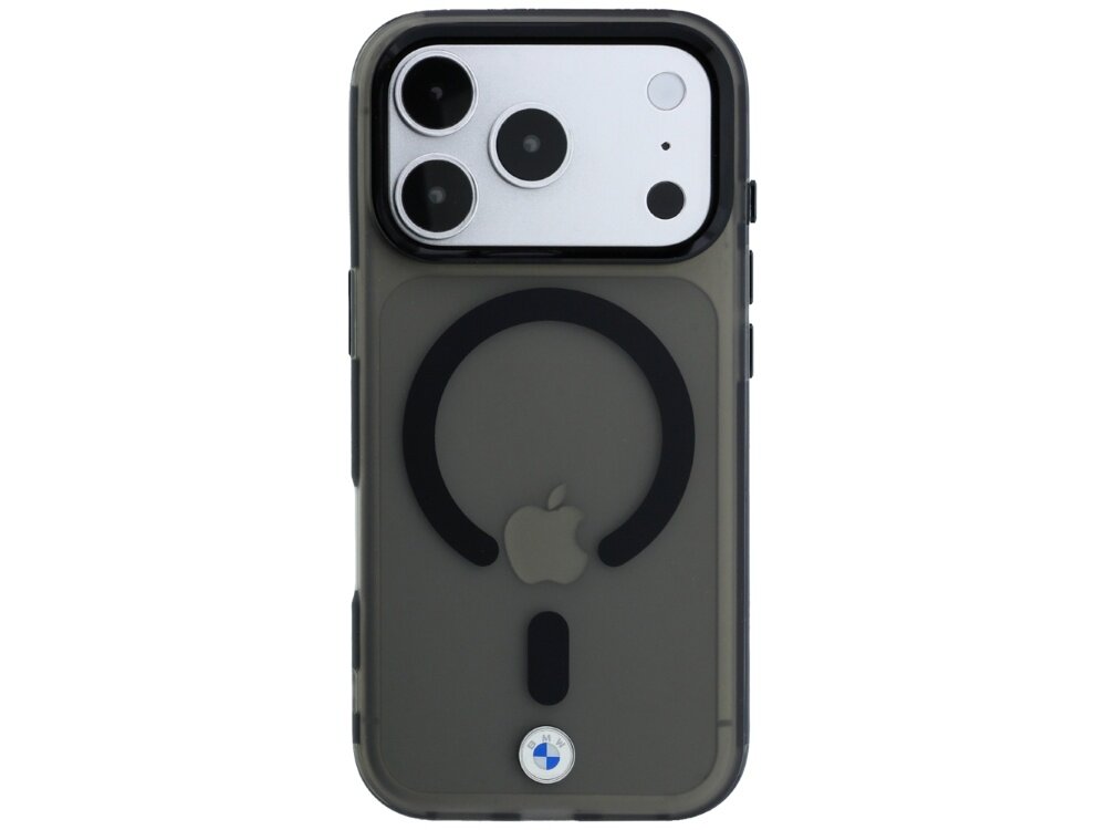 Czarne etui na telefon z widocznym logo Apple i BMW, posiada okrągły wzór MagSafe. Aparat telefonu ma trzy obiektywy i lampę błyskową.