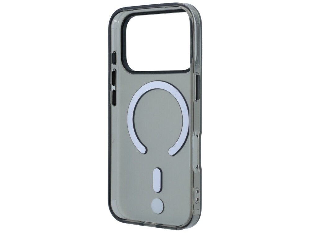 Przezroczyste etui na telefon z dużym otworem na aparat i okrągłym wzorem na środku. Na etui widoczne są przyciski boczne oraz otwory na porty.