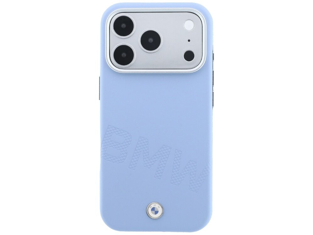 Niebieskie etui na telefon z wytłoczonym napisem \'BMW\' i logo BMW na dole. Etui posiada wycięcia na aparat z trzema obiektywami i lampą błyskową.