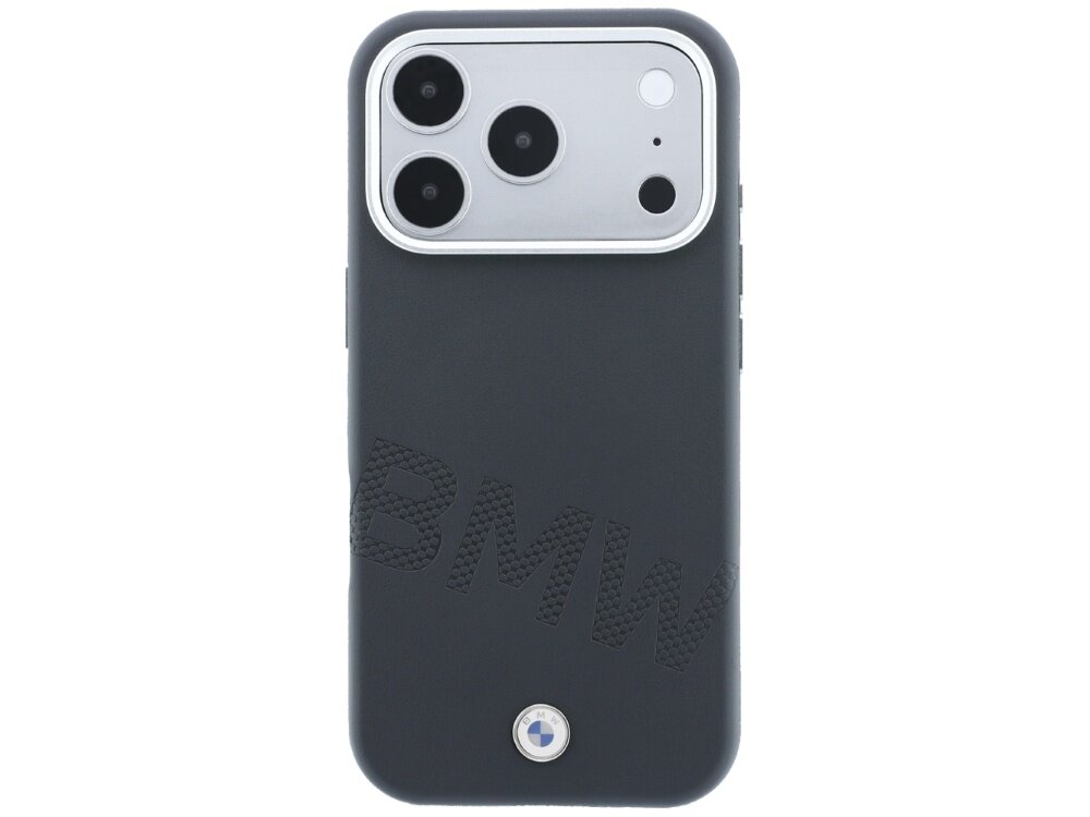 Szare etui na telefon z trzema dużymi otworami na aparat i napisem \'BMW\' wytłoczonym na powierzchni. Na dole widoczne jest logo BMW.