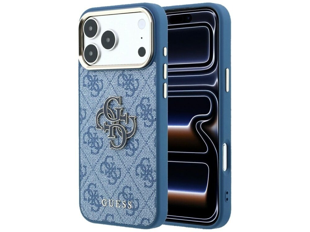 Jasnoniebieskie etui na telefon z wzorem 4G i dużym logo z żywicy, z napisem \'GUESS\' na dole. Etui jest przeznaczone do modelu Apple iPhone 17 Pro Max/18 Pro Max.