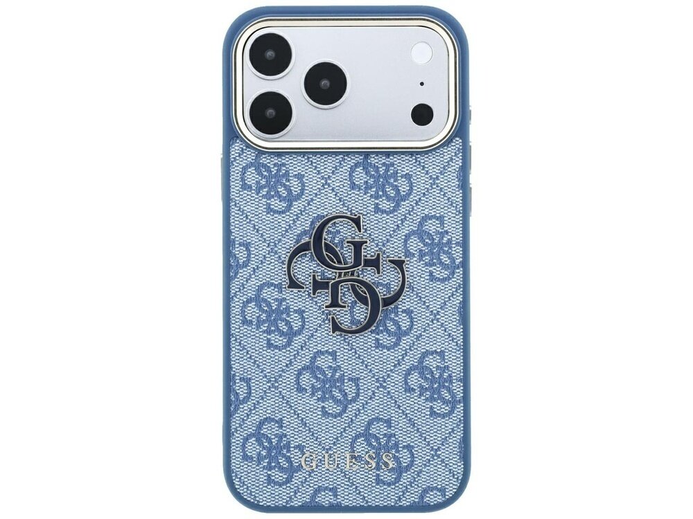 Etui na telefon w jasnoniebieskim kolorze z wzorem 4G i dużym logo GUESS na środku. Na dole widoczny jest napis \'GUESS\'.