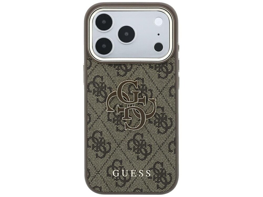 Etui na telefon w kolorze brązowym z wzorem 4G i dużym logo GD. Na dole widoczny napis \'GUESS\'.