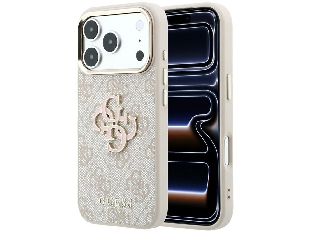 Etui na telefon w kolorze różowym z wzorem 4G i dużym logo GUESS. Widoczne są trzy otwory na aparaty oraz przyciski boczne.