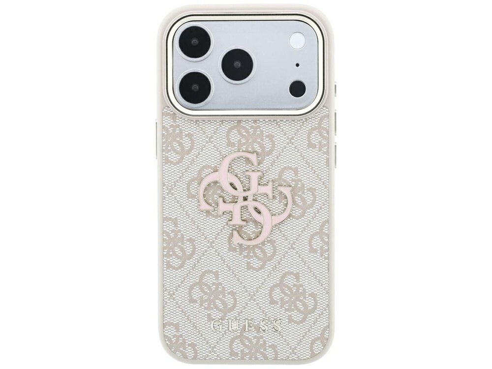 Etui na telefon z wzorem w logo GUESS i dużym różowym logo na środku. Na dole widoczny napis \'GUESS\'.