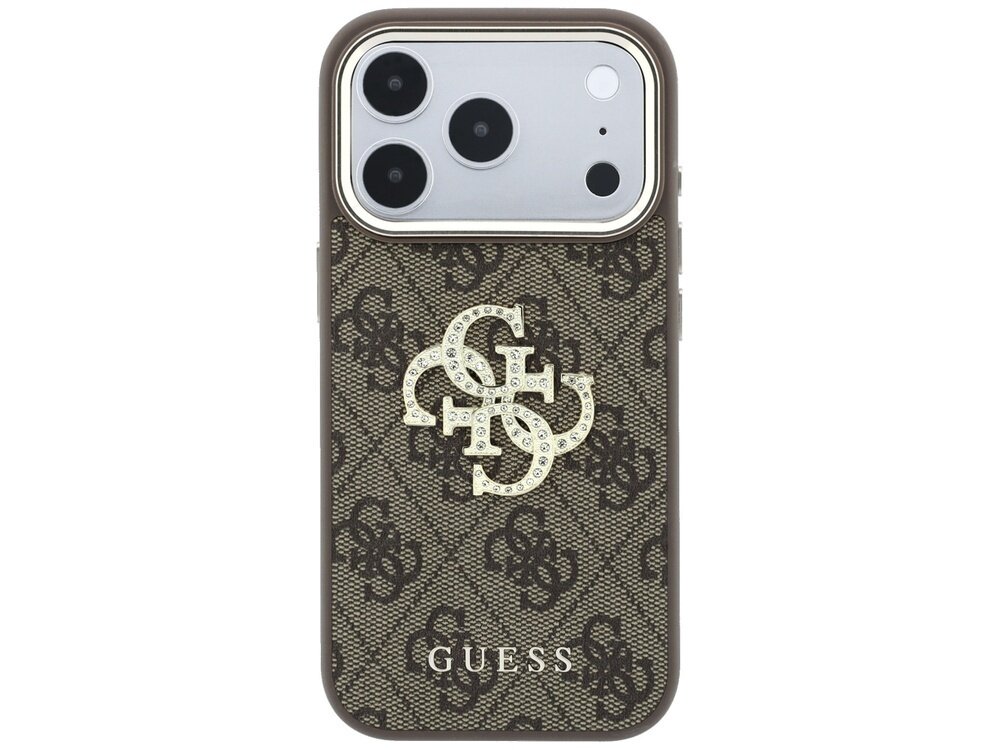 Brązowe etui na telefon z wzorem 4G i dużym logo GUESS ozdobionym kryształkami. Na dole widoczny jest napis \'GUESS\'.