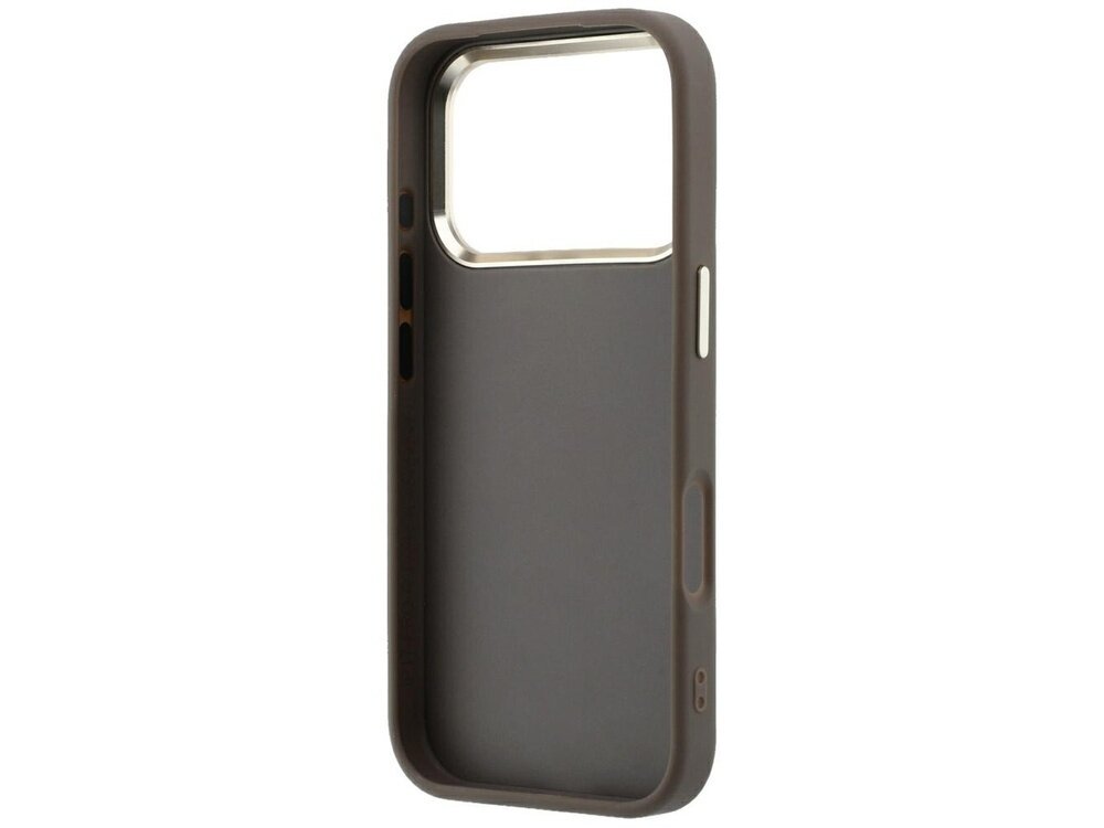 Brązowe etui na telefon z dużym otworem na aparat i przyciskami bocznymi. Wnętrze etui jest gładkie, a krawędzie są lekko podniesione.