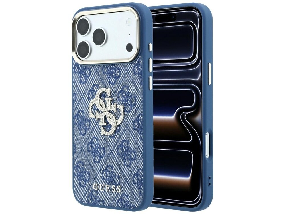 Niebieskie etui na telefon z wzorem 4G i dużym logo Guess z kryształkami. Widoczne są przyciski boczne oraz wycięcia na aparat i ekran.