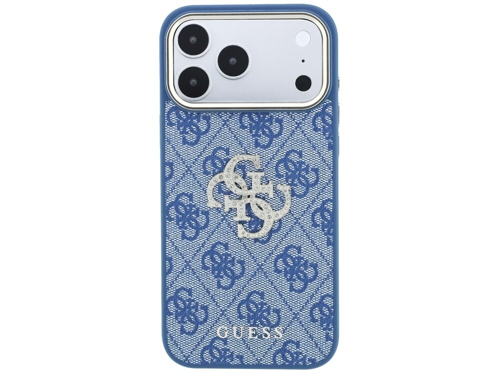 Niebieskie etui na telefon z wzorem 4G i dużym logo GUESS z kryształkami. Etui posiada wycięcia na aparat i przyciski.