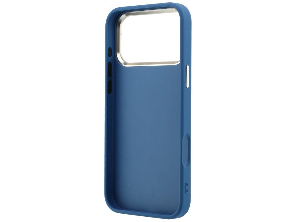 Niebieskie etui na telefon z dużym otworem na aparat i przyciskami bocznymi. Wnętrze etui jest wykończone metaliczną ramką wokół otworu na aparat.