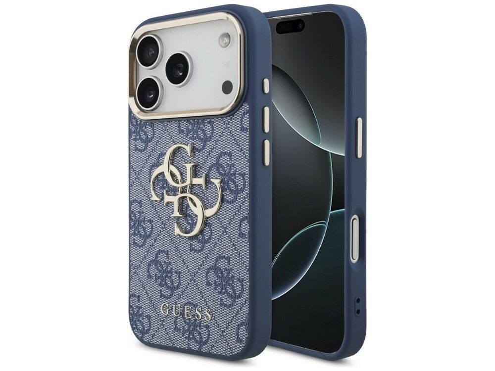 Etui na telefon w kolorze niebieskim z wzorem 4G i logo GUESS. Etui jest przeznaczone do modelu Apple iPhone z trzema aparatami.