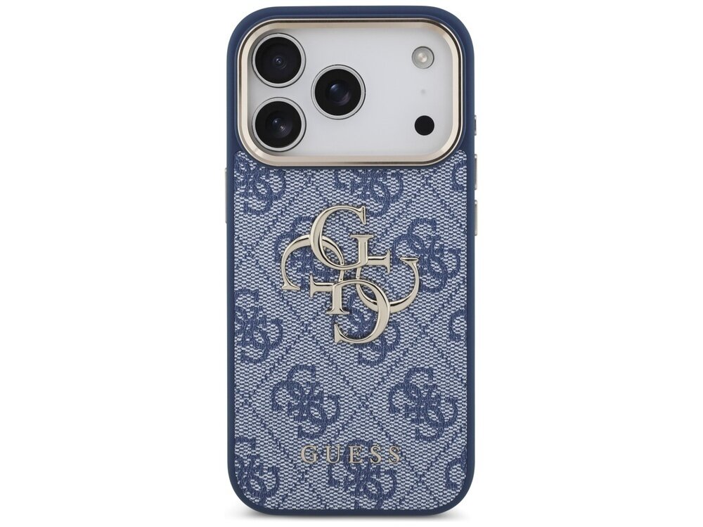 Etui na telefon w kolorze niebieskim z wzorem 4G i dużym logo GUESS. Widoczne są trzy otwory na aparaty oraz napis \'GUESS\' na dole.
