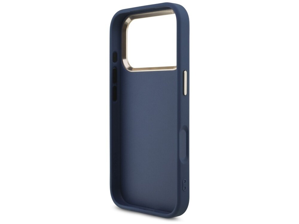Niebieskie etui na telefon z dużym otworem na aparat i przyciskami bocznymi. Wnętrze etui jest wykończone w kolorze złotym.