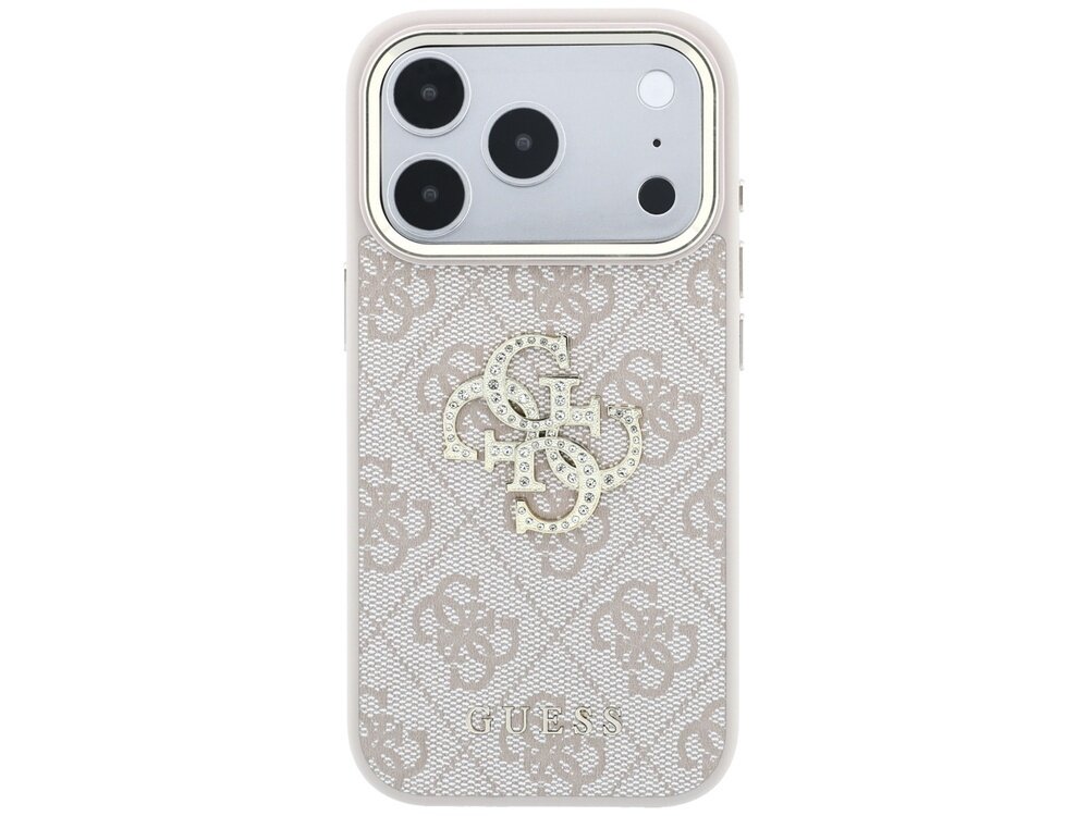 Etui na telefon z wzorem 4G i dużym logo z cyrkoniami, w kolorze różowym. Na dole widoczny napis \'GUESS\'.