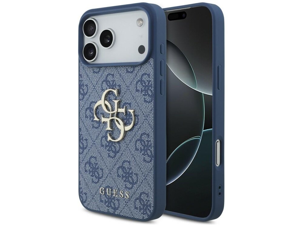 Niebieskie etui na telefon z dużym logo \'GUESS\' i wzorem 4G. Etui jest dopasowane do modelu telefonu z trzema aparatami.