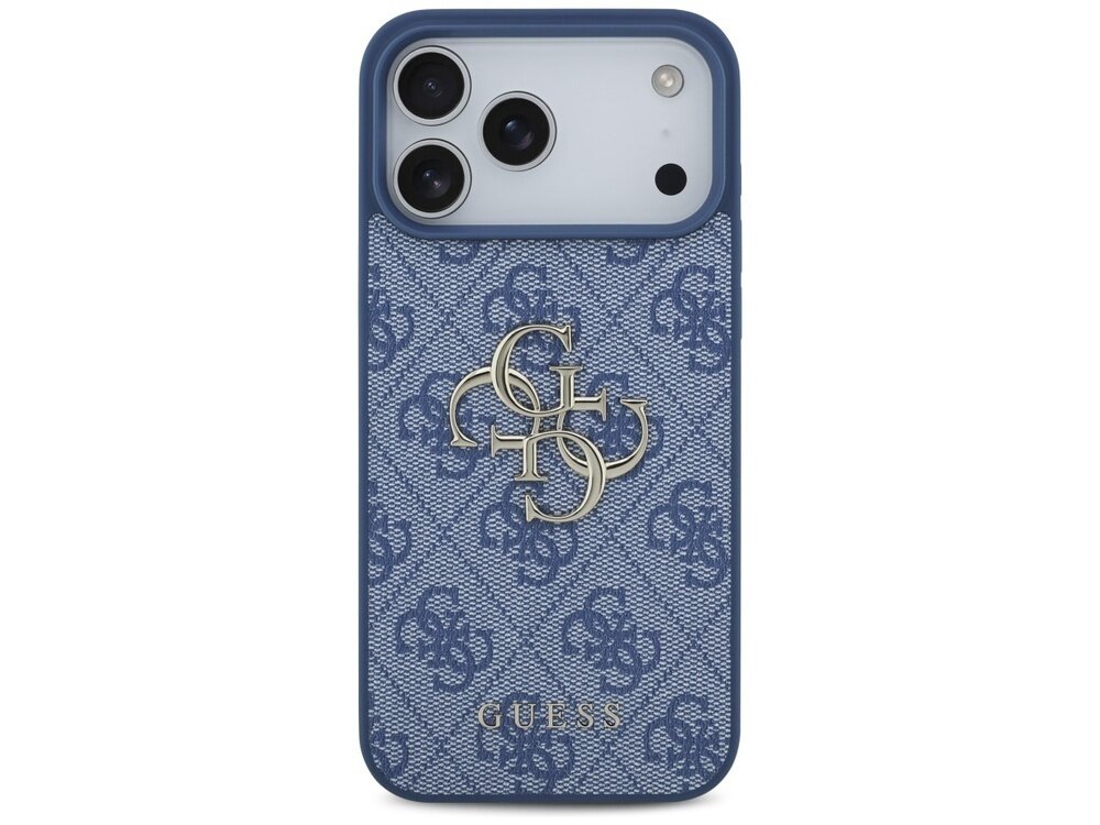 Niebieskie etui na telefon z wzorem 4G i dużym logo GUESS na środku. Etui posiada wycięcia na trzy obiektywy aparatu i dodatkowe otwory na inne elementy telefonu.