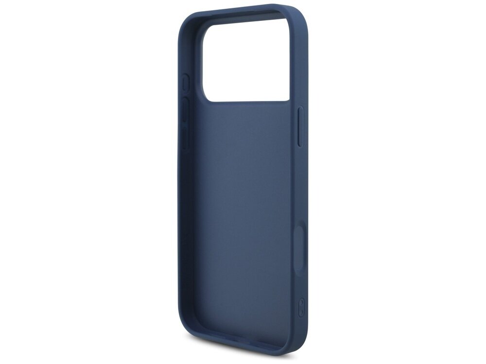 Niebieskie etui na telefon z dużym otworem na aparat, wykonane z gładkiego materiału. Etui posiada wycięcia na przyciski boczne.