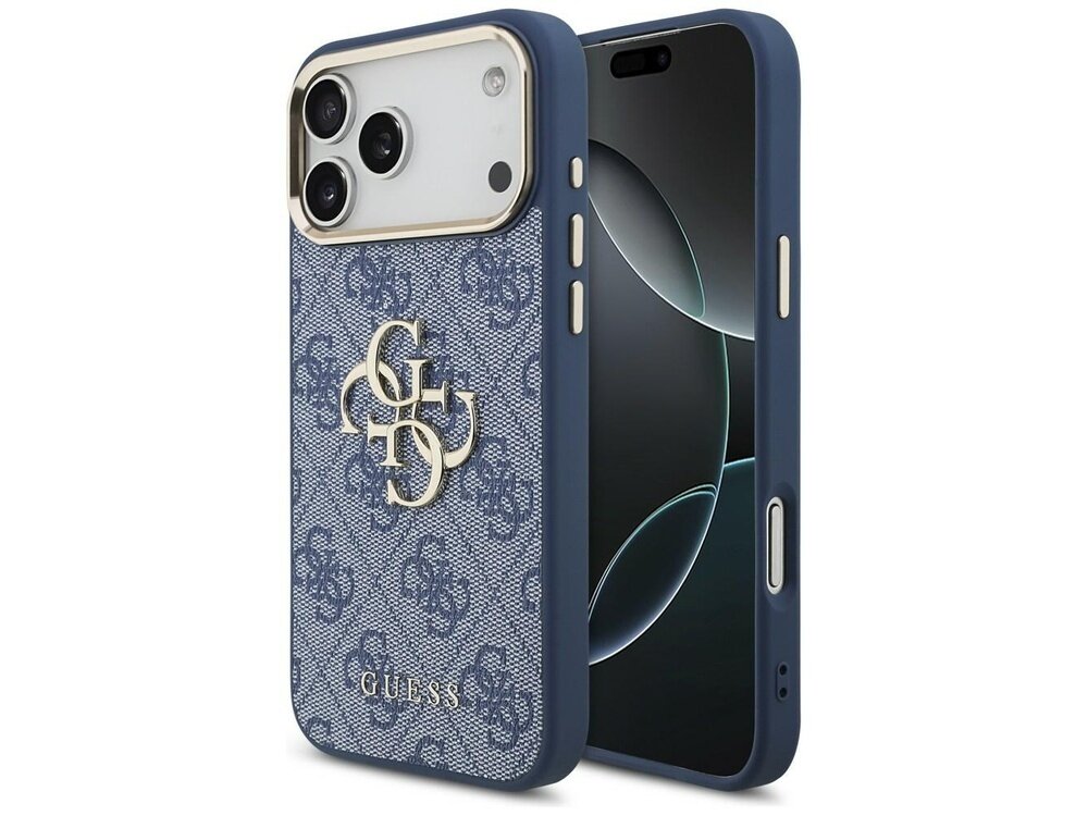 Etui na telefon w kolorze niebieskim z wzorem 4G i logo GUESS. Etui posiada wycięcia na aparat i przyciski boczne.