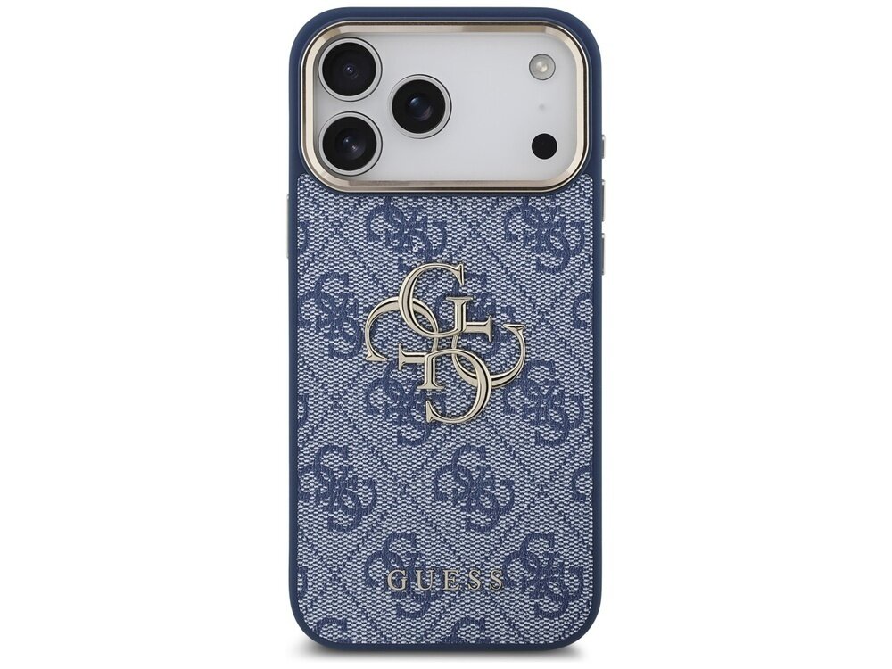 Niebieskie etui na telefon z wzorem 4G i logo GUESS na dole. Etui posiada wycięcia na trzy obiektywy aparatu i dodatkowe otwory.