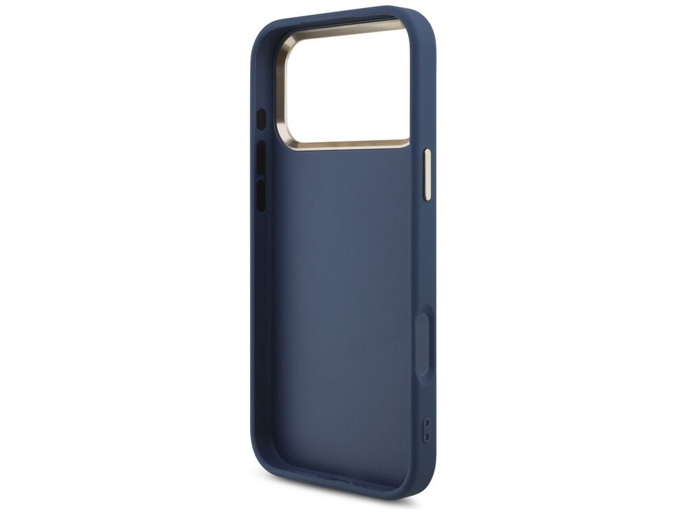 Niebieskie etui na telefon z dużym otworem na aparat i przyciskami bocznymi. Wnętrze etui jest w kolorze złotym.