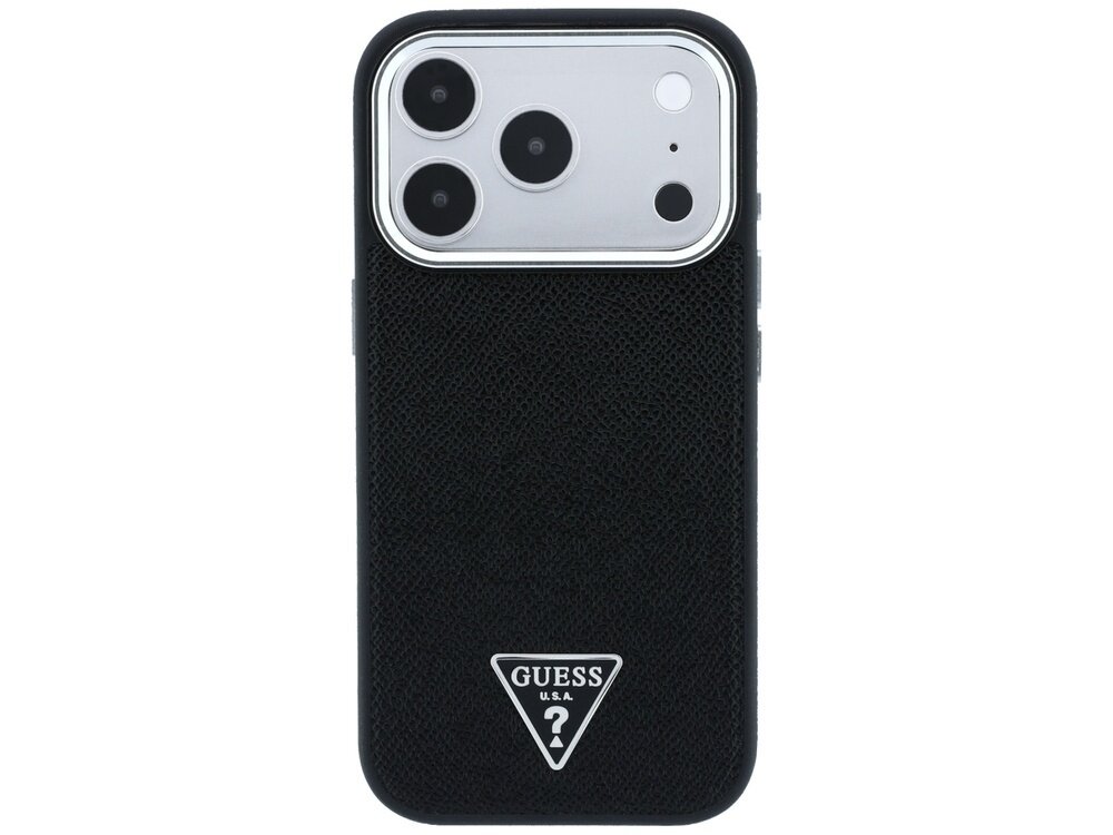 Czarne etui na telefon z trzema dużymi otworami na aparaty i logo GUESS U.S.A. w kształcie trójkąta na dole.