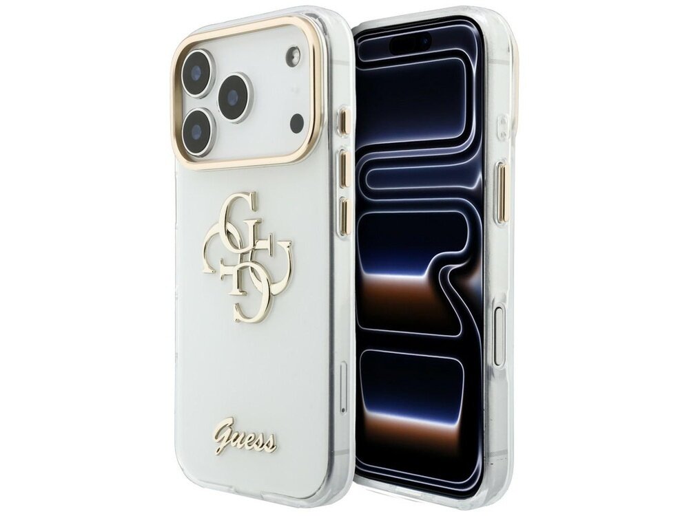 Białe etui na telefon z logo Guess w kolorze złotym, przeznaczone dla modelu iPhone. Etui ma wycięcia na aparat i przyciski, a na jego powierzchni widoczne są ozdobne elementy w kolorze złotym.
