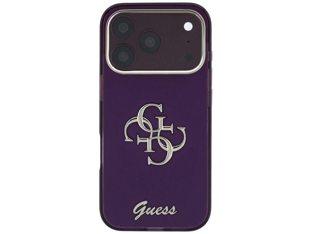 Burgundowe etui na telefon z metalowym logo \'4G\' i napisem \'Guess\' na dole. Etui jest przeznaczone dla modelu telefonu z trzema aparatami i lampą błyskową.