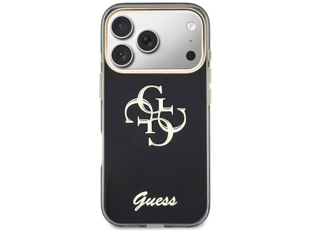 Czarne etui na telefon z trzema aparatami, ozdobione złotym logo \'4G\' oraz napisem \'Guess\' na dole.