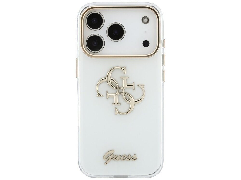 Białe etui na telefon z trzema dużymi aparatami i złotymi elementami dekoracyjnymi, w tym logo Guess.
