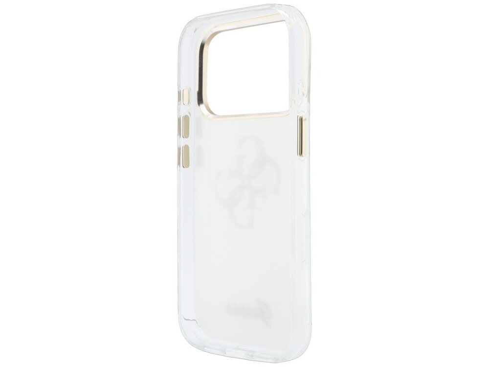 Przezroczyste etui na telefon z delikatnym wzorem i złotymi akcentami wokół otworów na przyciski. Na dole widoczne jest logo \'Guess\'.