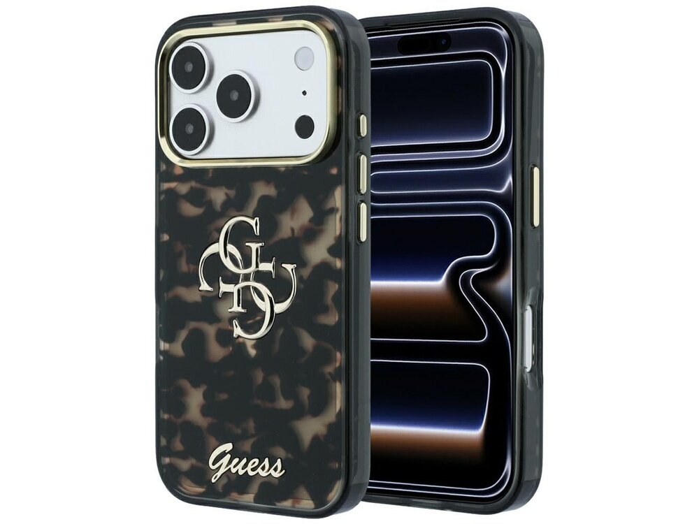 Etui na telefon w kolorze czarno-brązowym z wzorem i metalicznym logo \'Guess\' oraz inicjałami \'G\'.