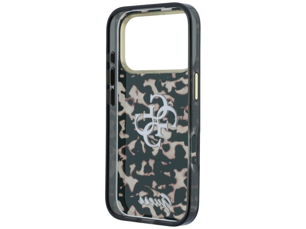 Etui na telefon z czarno-brązowym wzorem i logo Guess na dole. Posiada duży otwór na aparat oraz przyciski boczne.