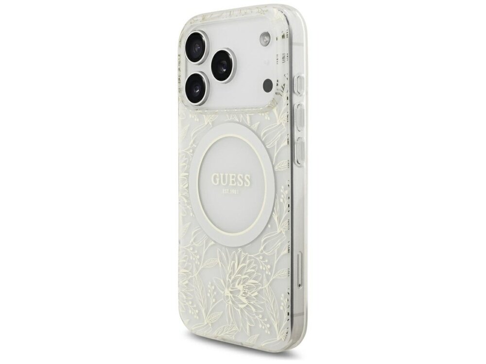 Etui na telefon z przezroczystym wzorem kwiatowym i napisem \'GUESS\' na środku. Widoczne są trzy otwory na aparaty oraz przyciski boczne.