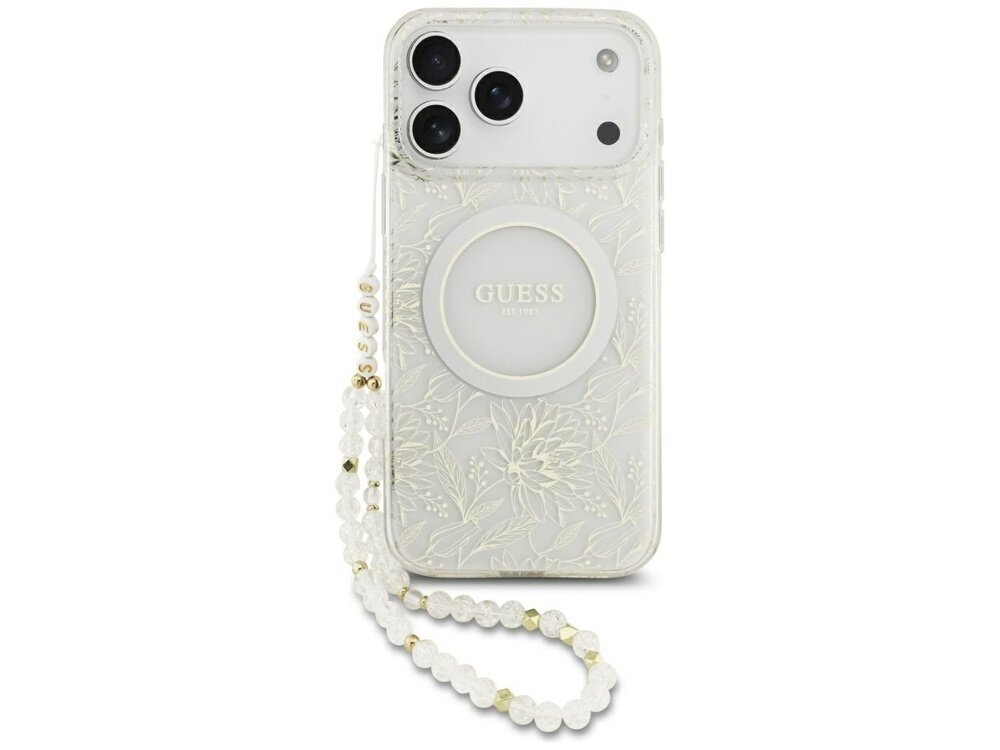 Etui na telefon z kwiatowym wzorem i napisem \'GUESS\' na środku, wyposażone w perłowy pasek. Etui jest przeznaczone do telefonu z trzema widocznymi obiektywami aparatu.