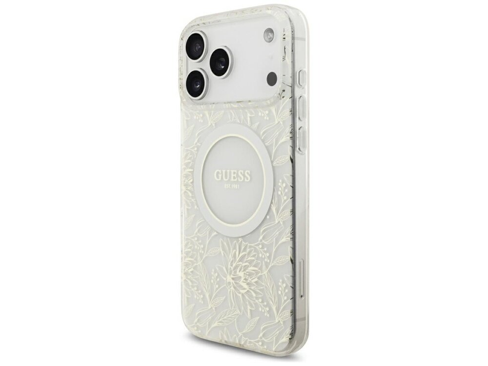 Etui na telefon z białym wzorem kwiatowym i napisem \'GUESS EST 1981\' na środku. Widoczne są trzy otwory na aparaty oraz przyciski boczne.