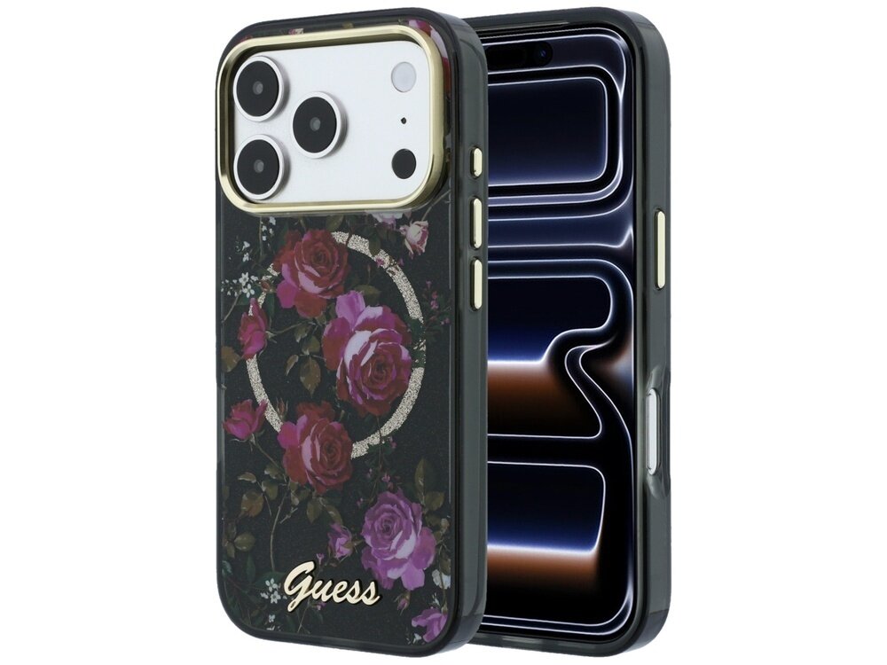 Etui na telefon z motywem róż i napisem \'Guess\', z trzema dużymi otworami na aparaty oraz złotymi elementami na krawędziach.