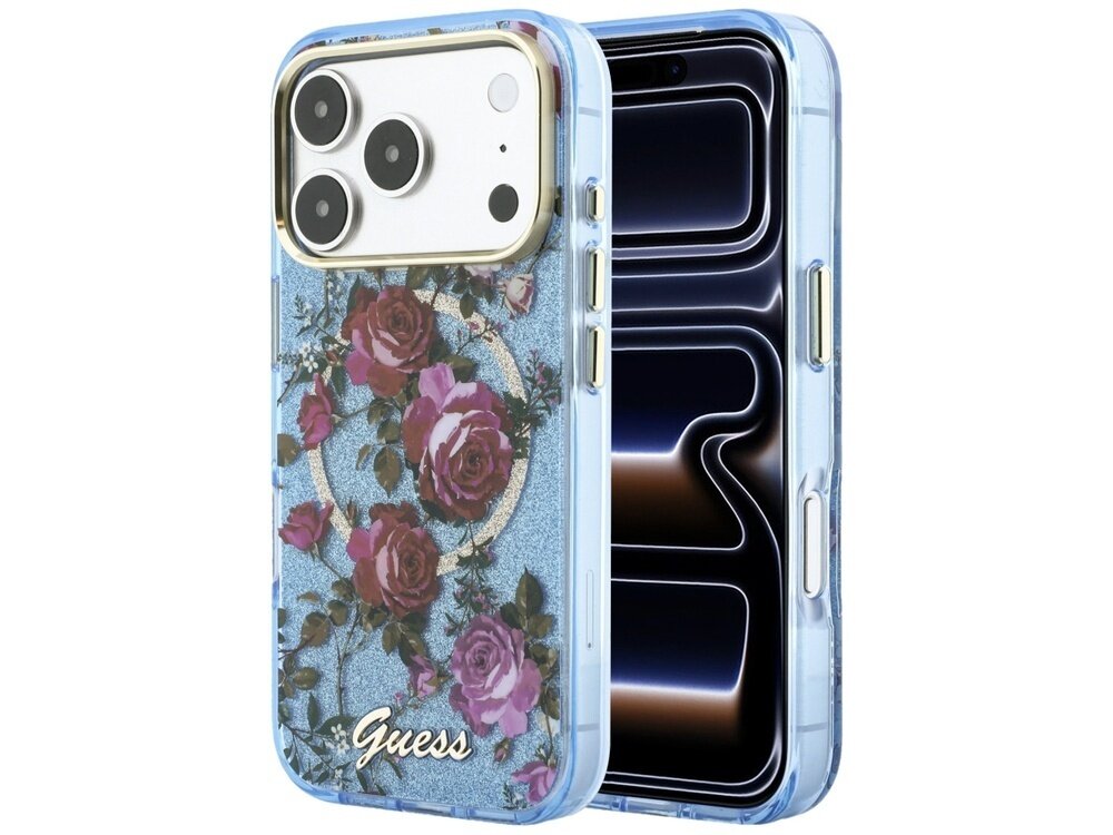 Etui na telefon w jasnoniebieskim kolorze z motywem róż i napisem \'Guess\'. Widoczny jest telefon z trzema aparatami w etui.
