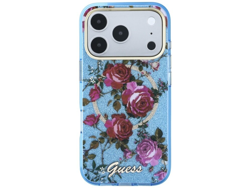 Etui na telefon w jasnoniebieskim kolorze z motywem różowych róż i złotymi akcentami. Na dole widoczne jest logo \'Guess\'.