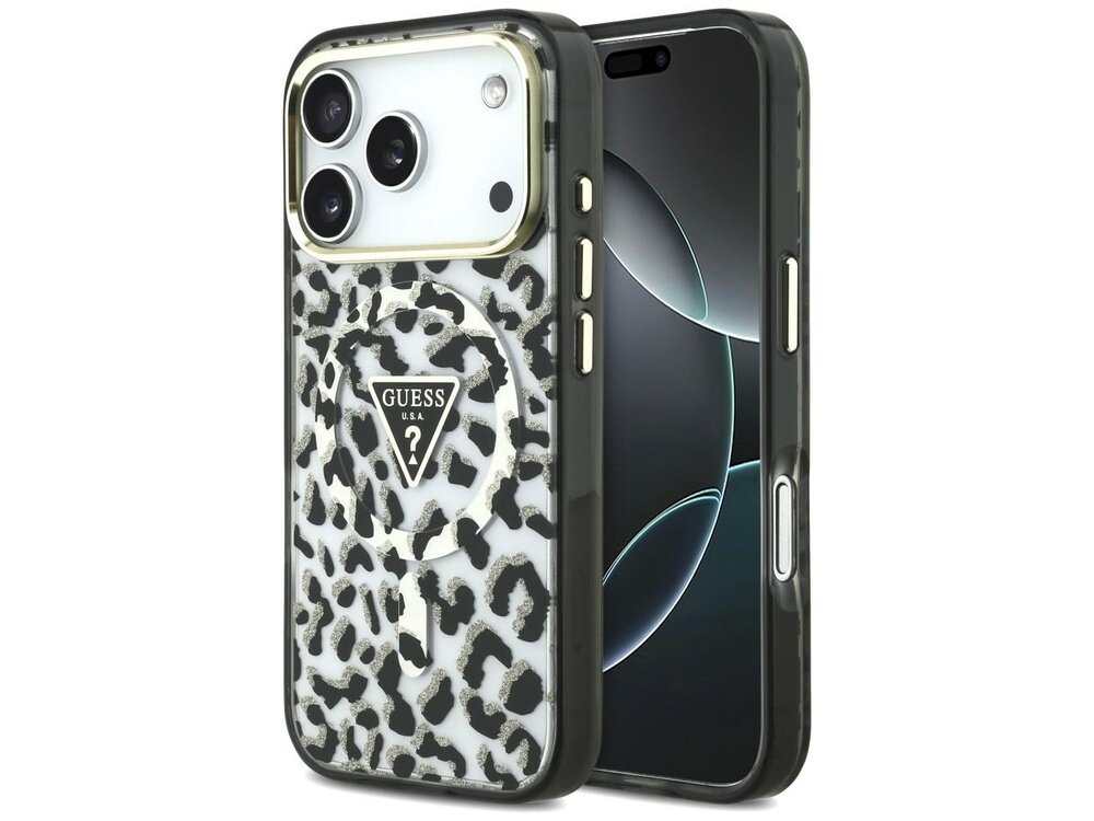Etui na telefon z wzorem w cętki i logo \'GUESS U.S.A\' w kształcie trójkąta. Obok widoczny jest telefon z wyświetlaczem.