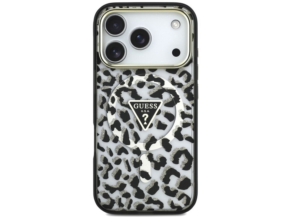 Etui na telefon z wzorem w cętki, z logo GUESS U.S.A. w kształcie trójkąta na środku. Etui posiada wycięcia na aparat i inne elementy telefonu.