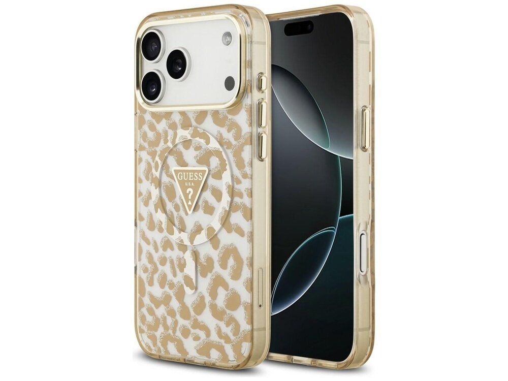Etui na telefon z wzorem w cętki, z logo GUESS w kształcie trójkąta na środku. Obok widoczny telefon z wyświetlaczem i trzema aparatami z tyłu.