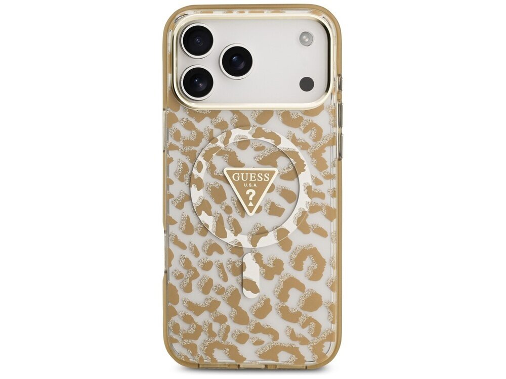 Etui na telefon z wzorem w cętki, z przezroczystym elementem na środku i logo \'GUESS U.S.A\' w kształcie trójkąta. Etui jest brązowe z elementami brokatu.