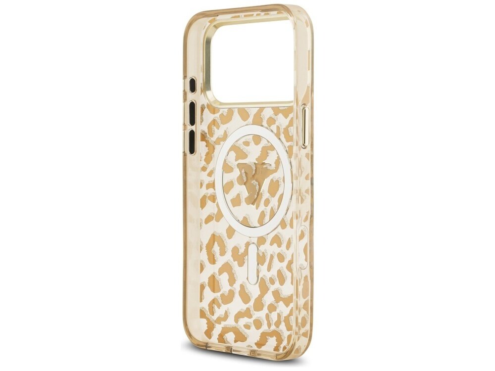 Etui na telefon z wzorem w cętki, z przezroczystym materiałem i okrągłym wycięciem na środku. Widoczne są przyciski boczne oraz otwór na aparat.