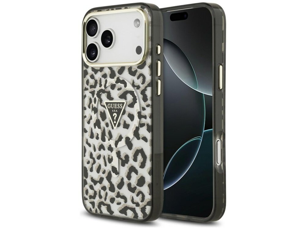 Etui na telefon z wzorem w cętki i logo GUESS w kształcie trójkąta. Obok etui widoczny jest telefon z wyświetlaczem.
