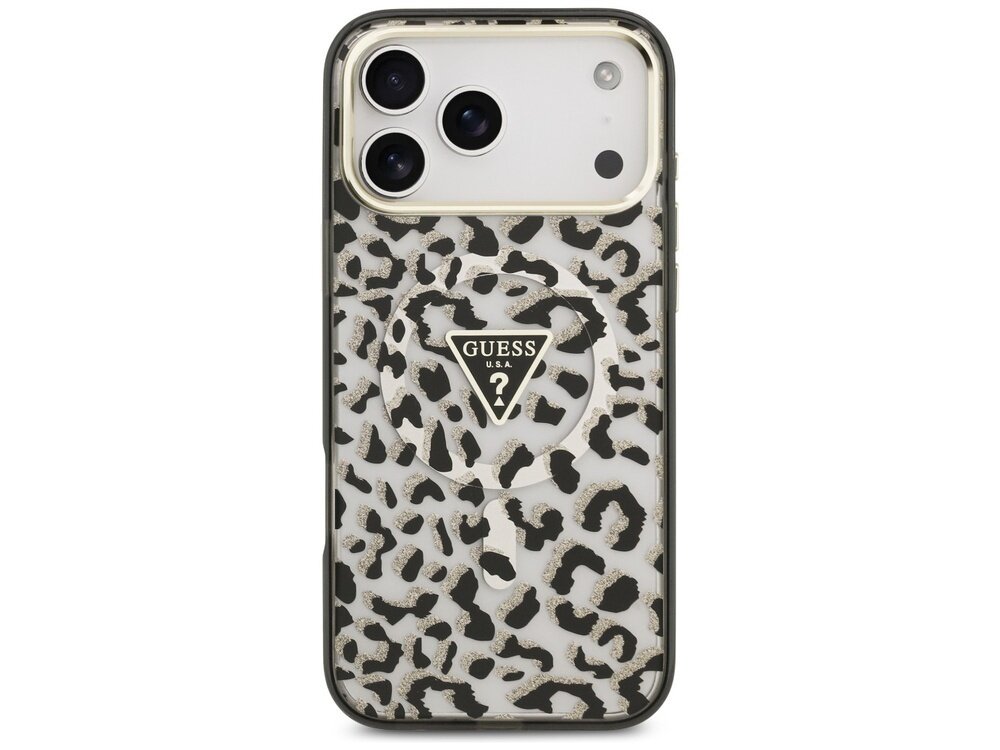 Etui na telefon z wzorem w cętki, z widocznym logo \'GUESS U.S.A.\' w kształcie trójkąta. Etui jest przeznaczone do telefonu z trzema obiektywami aparatu.