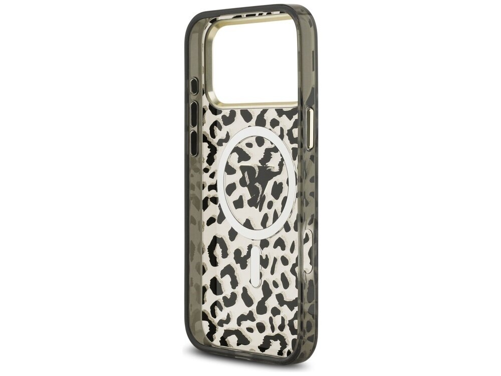 Etui na telefon z wzorem w cętki, posiada okrągły symbol na środku oraz wycięcia na przyciski i aparat.