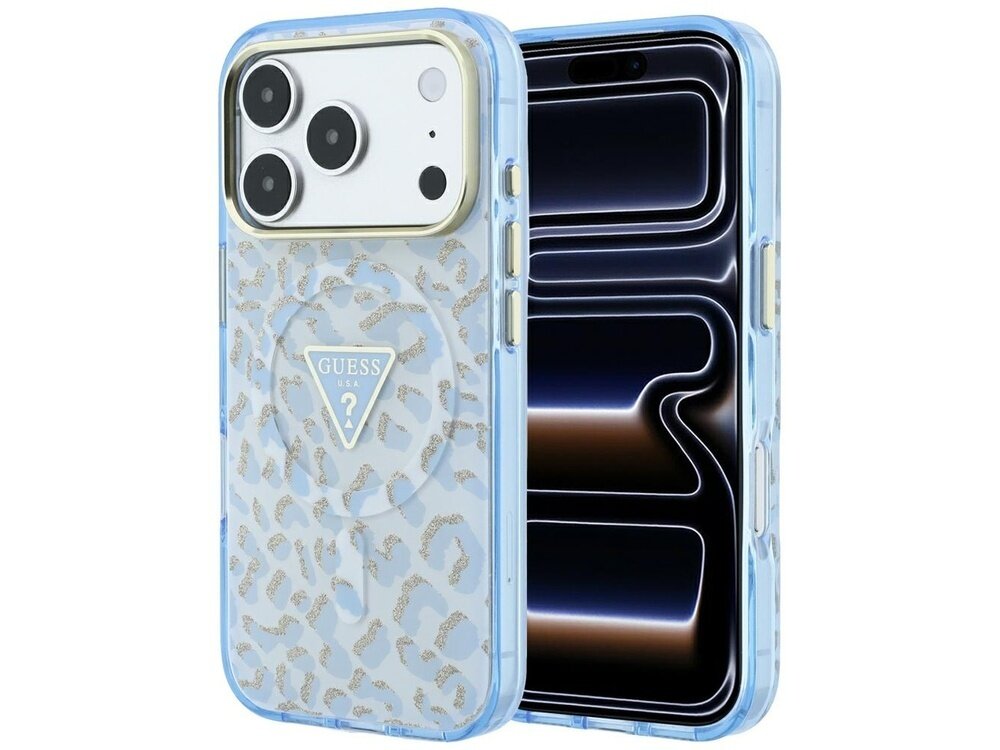 Etui na telefon w kolorze niebieskim z wzorem w cętki i trójkątnym logo z napisem \'GUESS USA\'. Etui jest przezroczyste z błyszczącymi elementami i posiada wycięcia na aparat oraz przyciski.