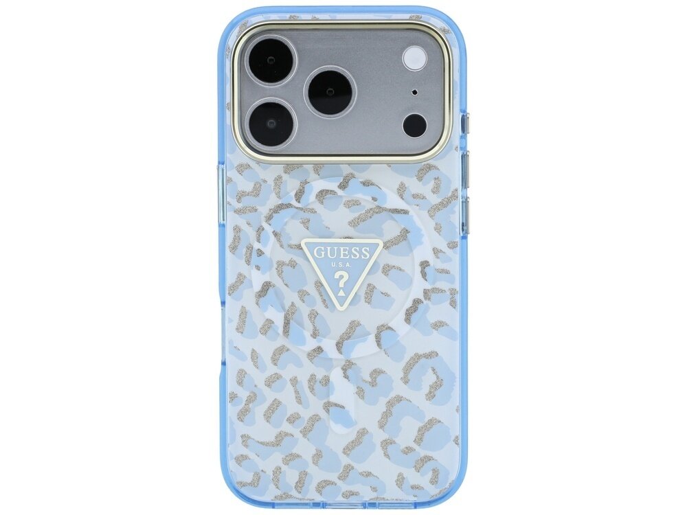 Etui na telefon z niebieskim wzorem w cętki i logo GUESS USA w kształcie trójkąta. Widoczne są trzy obiektywy aparatu telefonu.