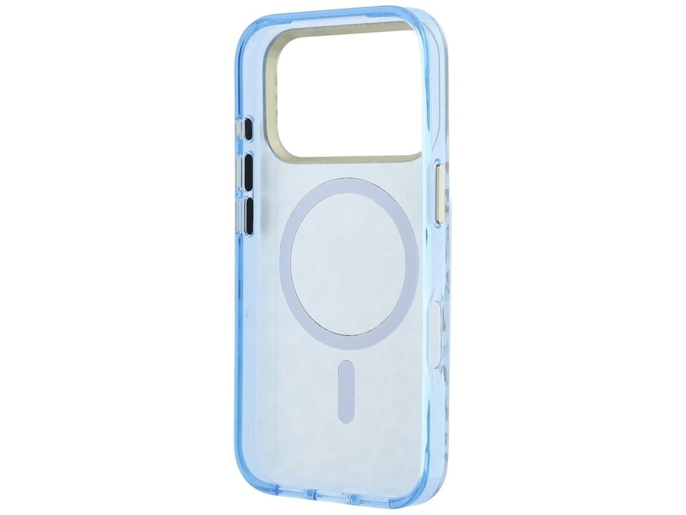Przezroczyste etui na telefon z niebieskimi krawędziami i okrągłym wzorem na środku, przeznaczone do urządzeń z funkcją MagSafe.
