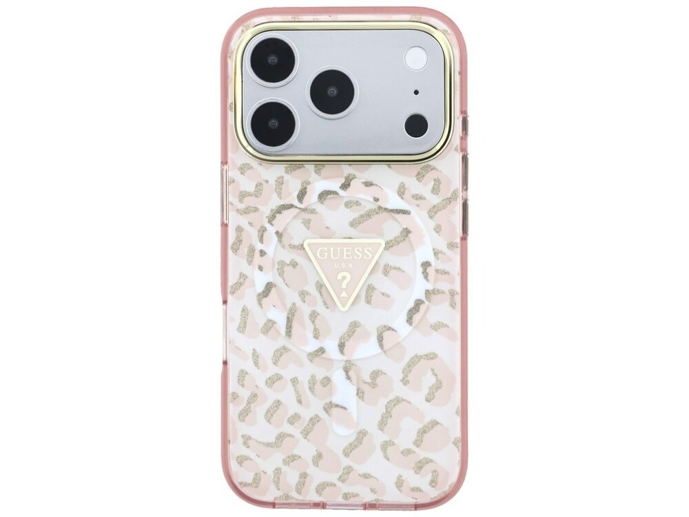 Etui na telefon z wzorem w cętki i logo GUESS w kształcie trójkąta. Etui jest przezroczyste z różowymi akcentami i posiada wycięcia na aparat oraz przyciski.